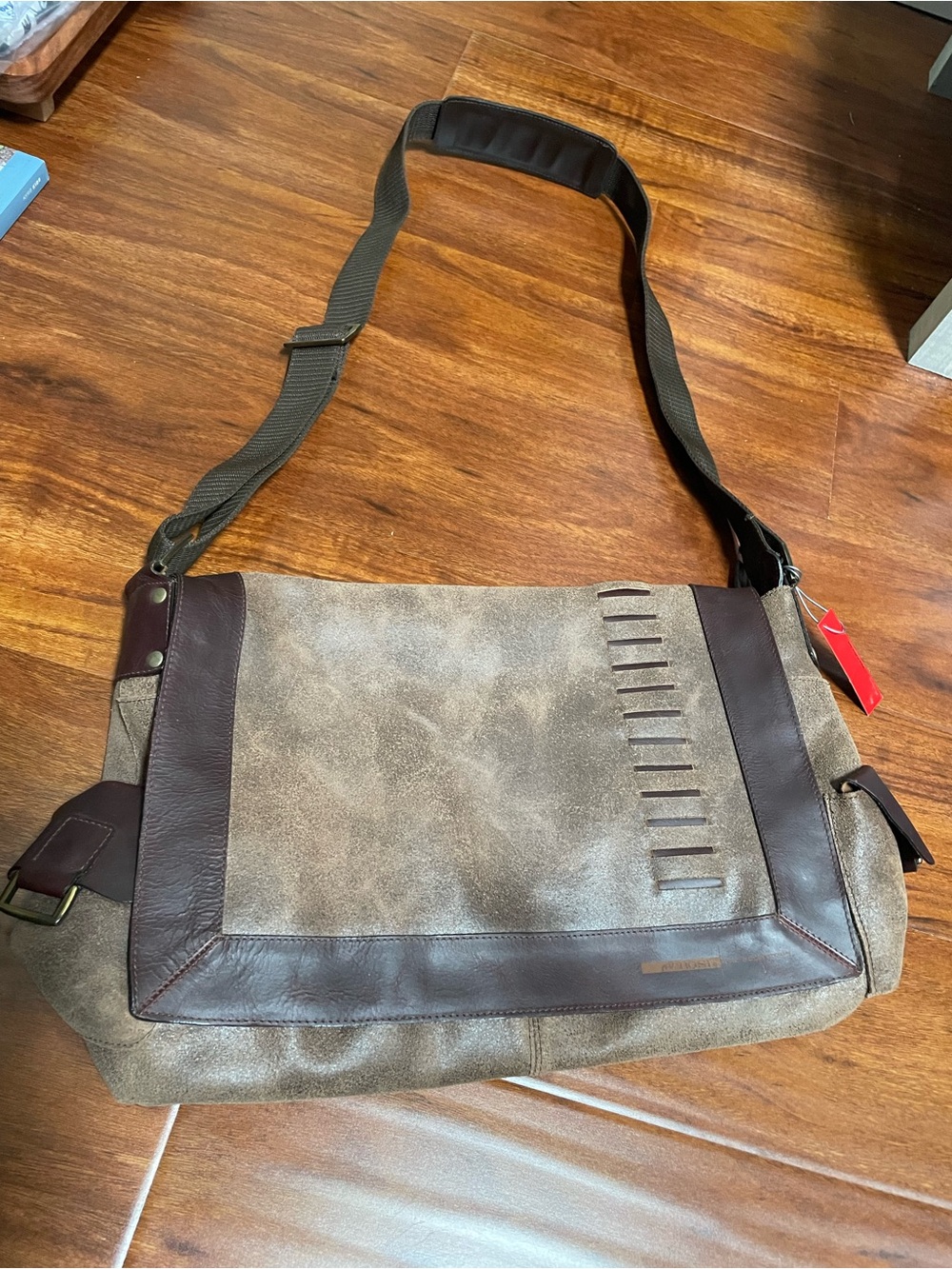 Taupe Canvas Messenger Bag with Dark Brown Trim - Men's Everyday Satchel - BOSI